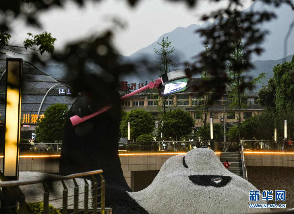 这是4月7日在四川省都江堰市仰天窝广场拍摄的“自拍熊猫”雕塑局部。